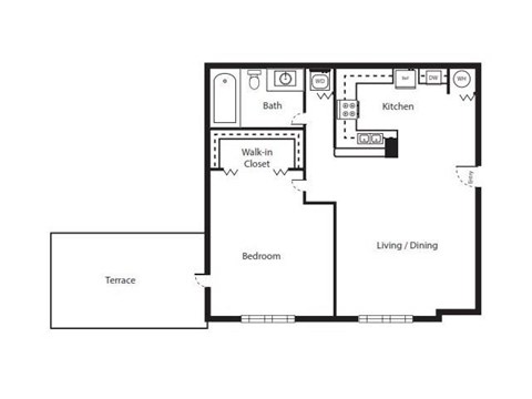 A floor plan of a house with a terrace, bedroom, living/dining area, kitchen, bathroom, and walk-in closet.